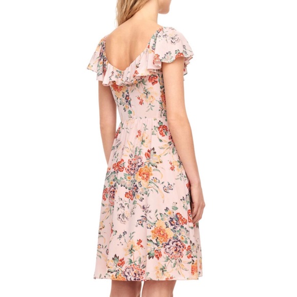 Rebecca Taylor Marlena pink green yellow floral print silk ruffle neckline dress - Picture 3 of 13